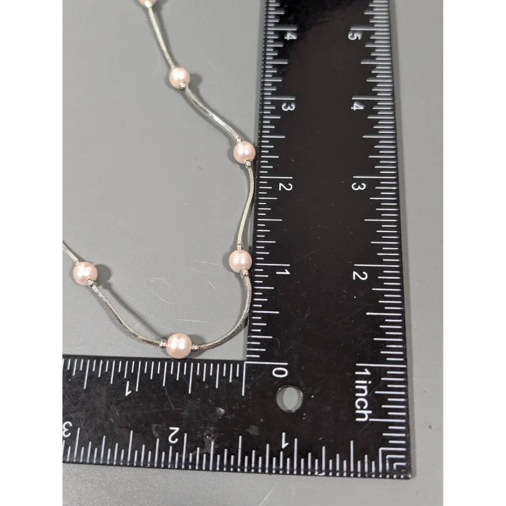 Silver Tone Faux Pearl Station Chain‎ Necklace Elegant Bridal Classic 19